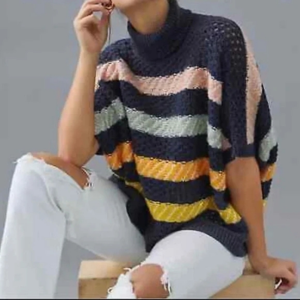 By Anthropologie striped turtleneck knit poncho sweater